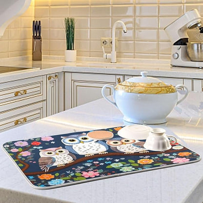 Dish Drying Mat Kitchen Counter Absorbent Three Owls Coffee Sink Mat Dish Drainer Pad 18 Inch x 16 Inch