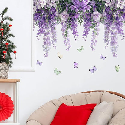 Purple Hanging Vine Wall Decals, Removable Wisteria Floral Vinyl Stickers, Flower Vine Butterfly Stickers Art Wallpaper for Home Clings Bathroom Bedroom Living Room Wall Corner Decor