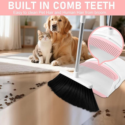 Broom with Dustpan Combo Set for Home 54-in Long Adjustable Handle Angle Broom and Dustpan Set with Dustpan Comb Teeth for Sweeping Pet Hair Food Dirt Kitchen