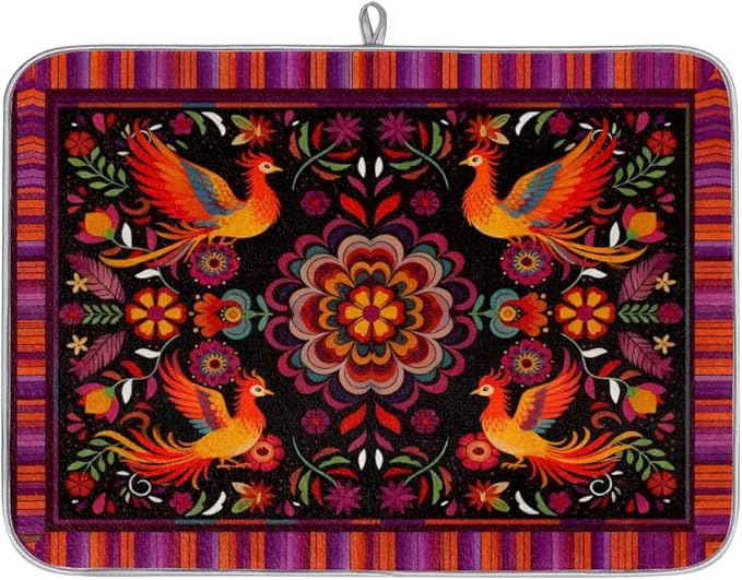 Dish Drying Mats with Hanging Loop for Kitchen Counter - Super Absorbent & Microfiber Sink Dry Mat with Mexican Flower, Non-Slip Backing, Dishes, Sink, Countertop Protection 18"x24"