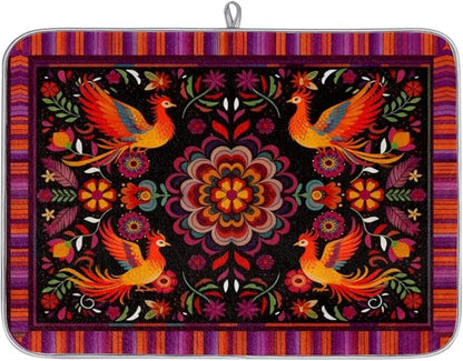 Dish Drying Mats with Hanging Loop for Kitchen Counter - Super Absorbent & Microfiber Sink Dry Mat with Mexican Flower, Non-Slip Backing, Dishes, Sink, Countertop Protection 18"x24"