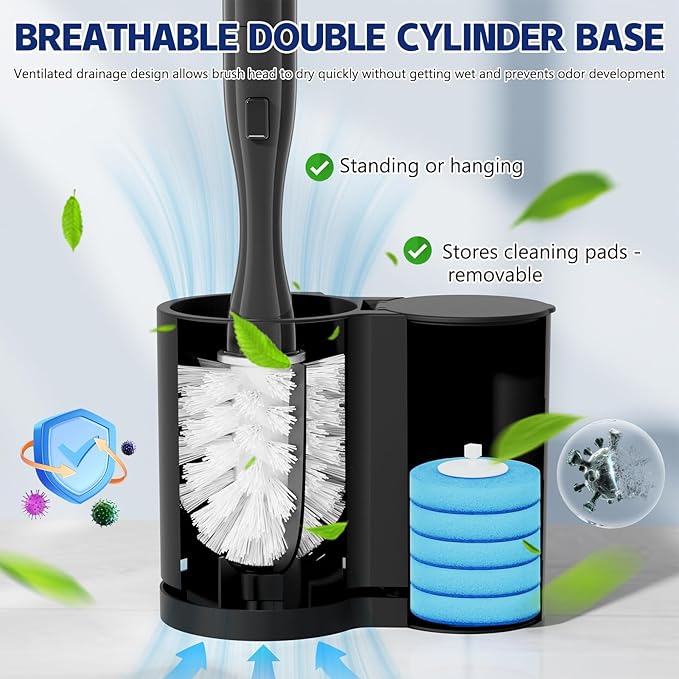 Electric Toilet Brush and Holder Set Electric Toilet Bowl Brush Toilet Brush Cleaner Set with 5 Refills Disposable Cleaner Brush Floor Standing Wall Mounted Without Drilling Rechargeable Black