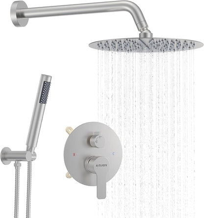 KOJOX 10 Inch Brushed Nickel Shower System with High Pressure Rain Shower Head, Handheld Shower Head, Bathroom Mixer Shower Set Wall Mounted Shower Faucet Rough-in Valve and Trim Kit