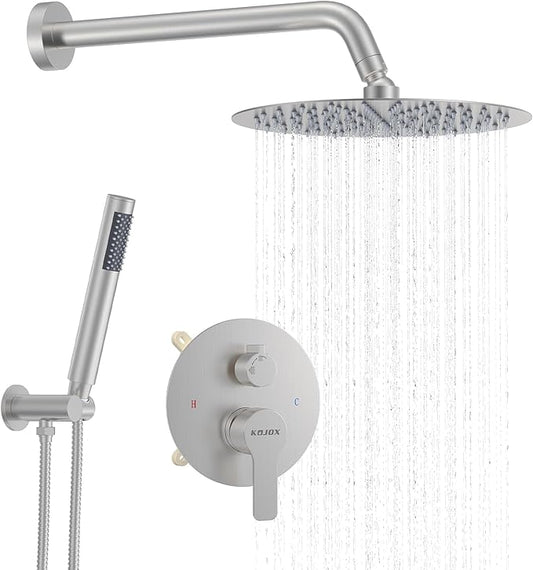 KOJOX 10 Inch Brushed Nickel Shower System with High Pressure Rain Shower Head, Handheld Shower Head, Bathroom Mixer Shower Set Wall Mounted Shower Faucet Rough-in Valve and Trim Kit