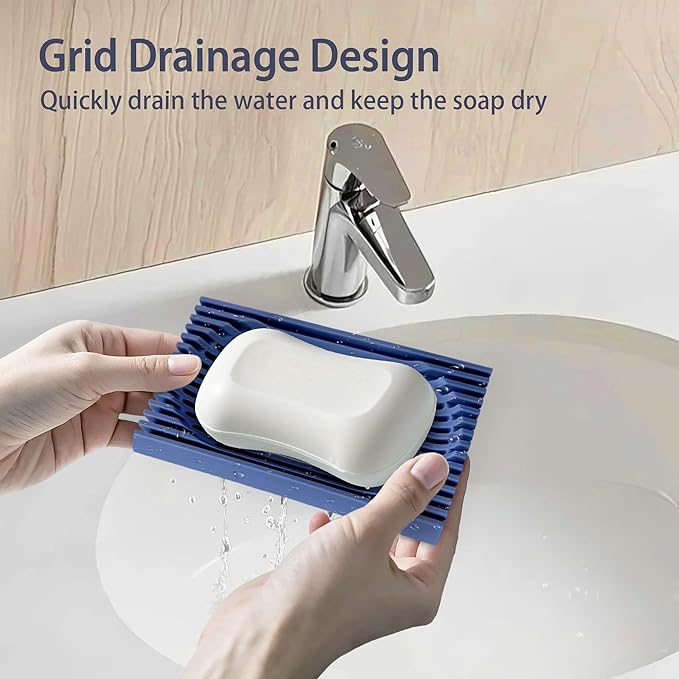 Aoheuo Modern Minimalist Soap Dish (3Pack),Drainage Silicone Soap Holder,5.5 Long by 3.15 Wide,0.55 inches high,Used for Kitchen,Bathroom,and Bar Sink(Blue,Blue,Blue)