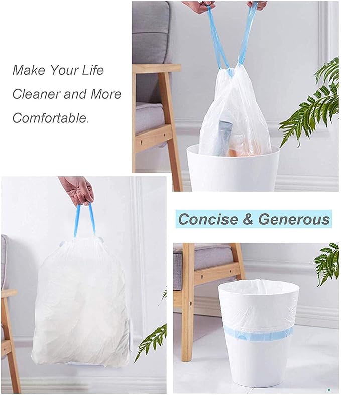 Small Trash Bag, 2.6 Gallon Garbage Bags Bathroom Trash can Liners for Bedroom Home Kitchen 80 Counts,2 Gallon Trash Bag with Blue Drawstring, White Bags