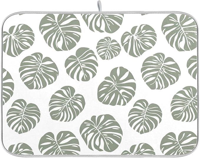 Green Palm Monstera Leaves Dish Drying Mat for Kitchen Counter Absorbent Microfiber Drying Pad, Medium 16x18 in