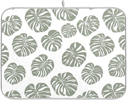 Green Palm Monstera Leaves Dish Drying Mat for Kitchen Counter Absorbent Microfiber Drying Pad, Medium 16x18 in