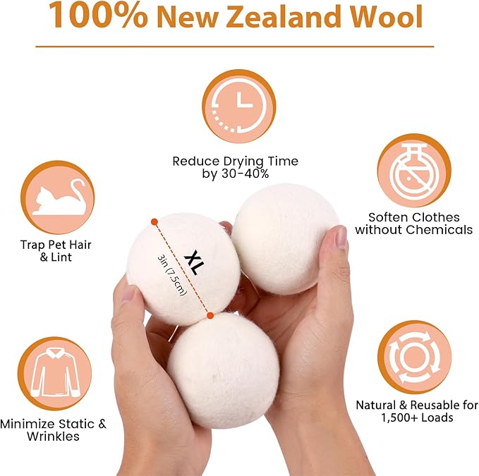 Magnetic Dryer Ball Holder Plus 6 XL Wool Dryer Balls from New Zealand Wool – Laundry Dryer Balls Organizer & Storage, Magnetic Basket for Dryer Balls, Space-Saving & Easy Tool-Free Installation