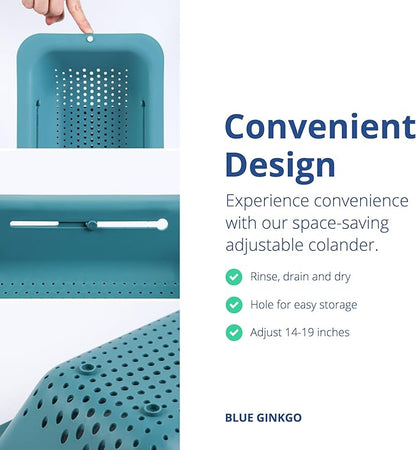 BLUE GINKGO Over the Sink Colander Strainer Basket - Wash Vegetables and Fruits, Drain Cooked Pasta and Dry Dishes - Extendable - New Home Kitchen Essentials (7.9 W x 14.5-19.5 L x 2.75 H) - Teal
