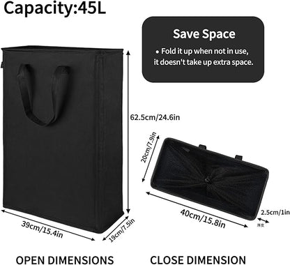 Odonata Slim Laundry Hamper Handles Collapsible Laundry Basket Thin Dirty Clothes Basket Narrow Laundry Bag Foldable Dirty Hamper 45L (Black)