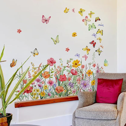 Wildflower Butterfly Wall Stickers Colorful Floral Garden Decals Watercolor Peel and Stick Decor for Kids Room Bedroom Home Decoration