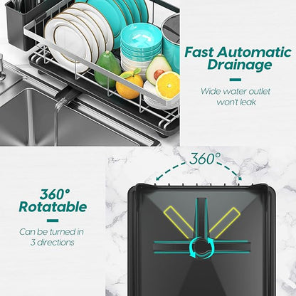 MERRYBOX Stainless Steel Dish Drying Rack for Kitchen Counter Sink，Rustproof Stainless Steel Dish Rack with Large 3-Compartment Utensil Holder
