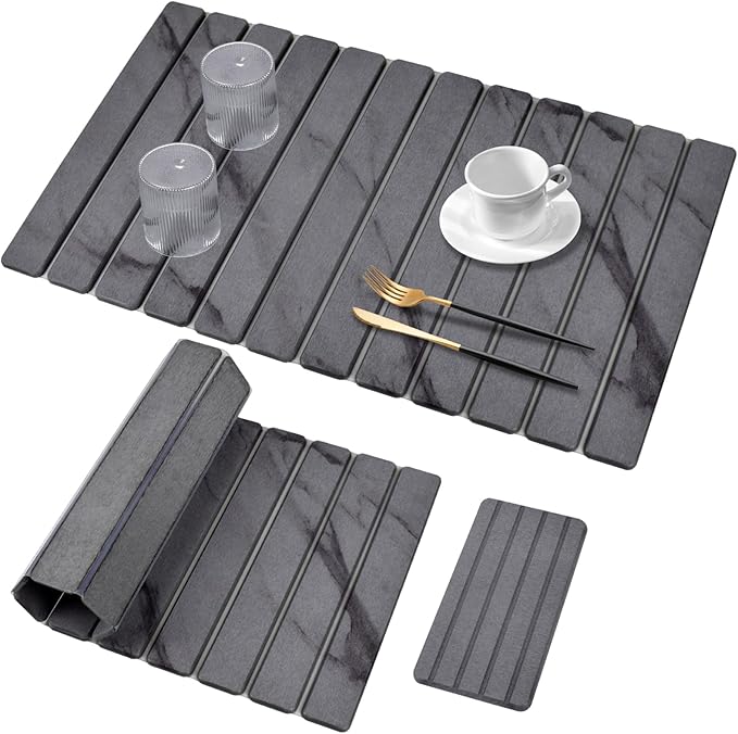 2 PCS Extra Large Stone Dish Drying Mat for Kitchen Counter, 28"×16" Marble Dish Drying Mat with 8"x 4" Coasters, Non - Slip Collapsible Absorbent Mat for Multi - Purpose, Match Any Countertop