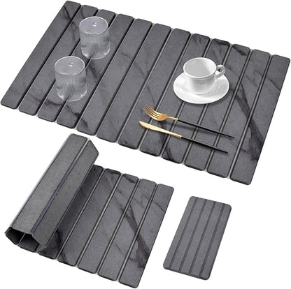 2 PCS Extra Large Stone Dish Drying Mat for Kitchen Counter, 28"×16" Marble Dish Drying Mat with 8"x 4" Coasters, Non - Slip Collapsible Absorbent Mat for Multi - Purpose, Match Any Countertop
