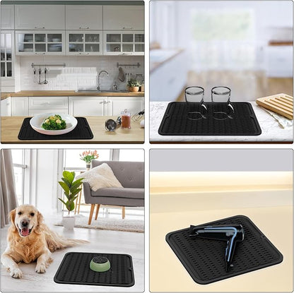 ZLR Silicone Dish Drying Mat 12" x 12" Square - Small Heat Resistant Trivet & Countertop Protector for Air Fryer, Coffee Maker - Waterproof Kitchen Drain Pad for Cups, Fruit (Black)