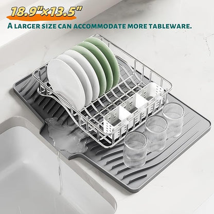 CIEO Silicone Dish Drying Mat for Kitchen Counter, Slope Fast Self-Draining, Non-Slip Drain Pad, Easy Clean Countertop Protection Mat, Multiple Use for Dishes Drying Rack（19"x 14",Black）