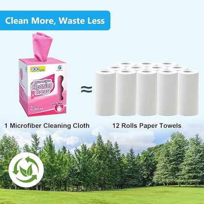 GLIMGLINT Pink Microfiber Cleaning Cloth, 100 Pack Cleaning Rags, Lint-Free, Ultra Absorbent Reusable Paper Towels for Home, Kitchen, Car, Garage or Shop, Dish Rags, 11" x 9"