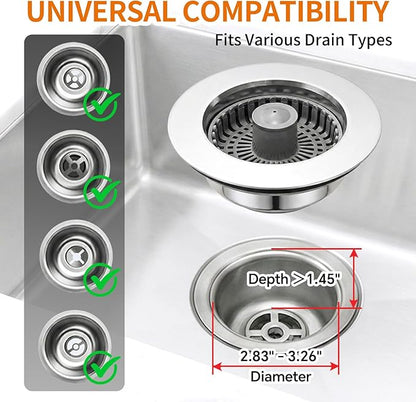 Solid Brass Body 3-in-1 Kitchen Sink Drain Strainer & Stopper, Heavy Duty Pop Up Plug Assembly with 2 Baskets, Anti-Clog Replacement for US Standard 3-1/2 Inch Drains, Rust-Proof Silver