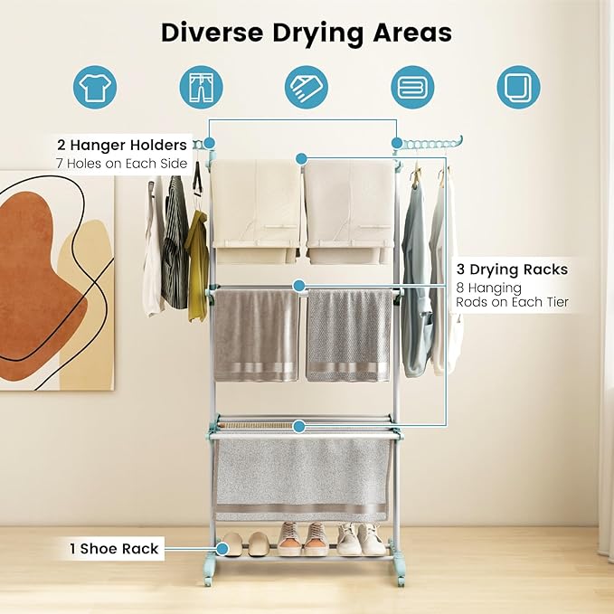 GOFLAME 4-Tier Clothes Drying Rack, Collapsible Clothes Horse Rack with Rotatable Side Wings and Foldable Shelves, Freestanding Garment Dryer Stand with Casters for Indoor and Outdoor Use, Blue
