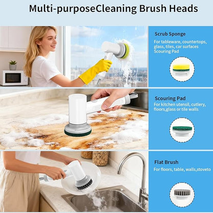 Electric Spin Scrubber, Cordless Electric Cleaning Brush, Waterproof Rotating Shower Brush, with 3 Replaceable Heads, Suitable for Bathroom, Kitchen, and Home Cleaning (White)