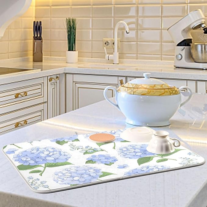 Blue Hydrangea Flowers Dish Drying Mat Super Absorbent Drying Mat Large Coffee Mat for Kitchen Counter Easy Clean Dish Mat Kitchen Drying Matt 18x24 inch