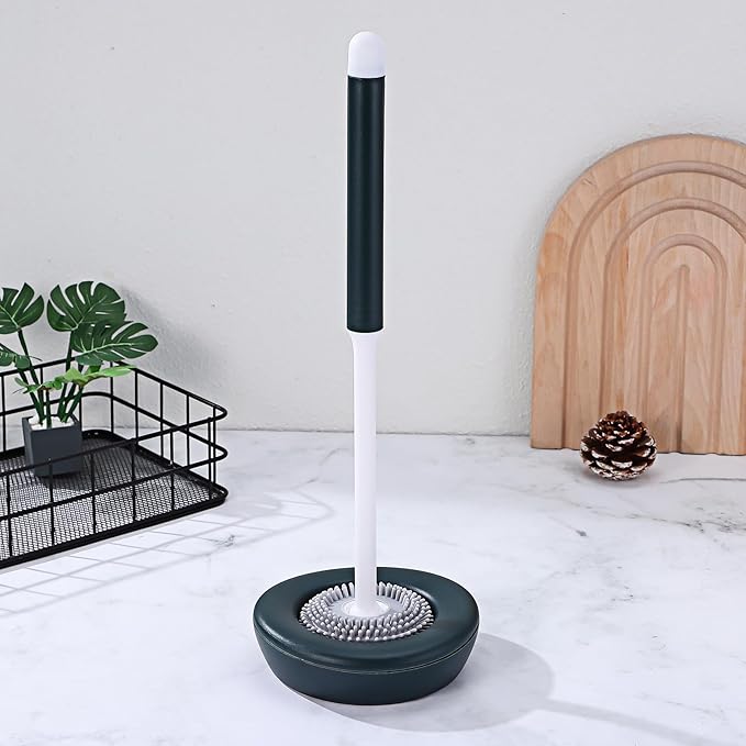 DOITOOL Silicone Toilet Brush and Holder Set, Long Handle Bathroom Cleaning Brush with Green Silicone Bristles, Household Toilet Bowl Scrubber for Deep Cleaning and Bathroom Use