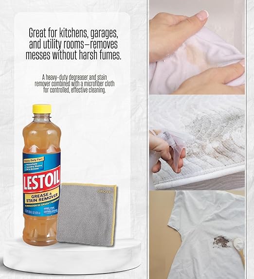 Lestoil No Scent Grease and Stain Remover 28 oz Liquid Bundle with Microfiber Cloth – Spray & Wash Laundry Stain Remover Concentrated Cleaner for Fabric, Floors, and Hard Surfaces – Gift Set (2 Items)
