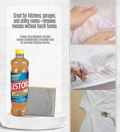 Lestoil No Scent Grease and Stain Remover 28 oz Liquid Bundle with Microfiber Cloth – Spray & Wash Laundry Stain Remover Concentrated Cleaner for Fabric, Floors, and Hard Surfaces – Gift Set (2 Items)