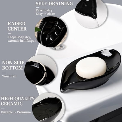 Soap Dish, Self Draining Soap Dishes 2PCS, Leaf Shape Ceramic Bar Soap Holder Drain Soap Dishes for Bathroom Sink Kitchen, Easy to Clean Keeps Soap Dry, Black, ANTIS'S HOME