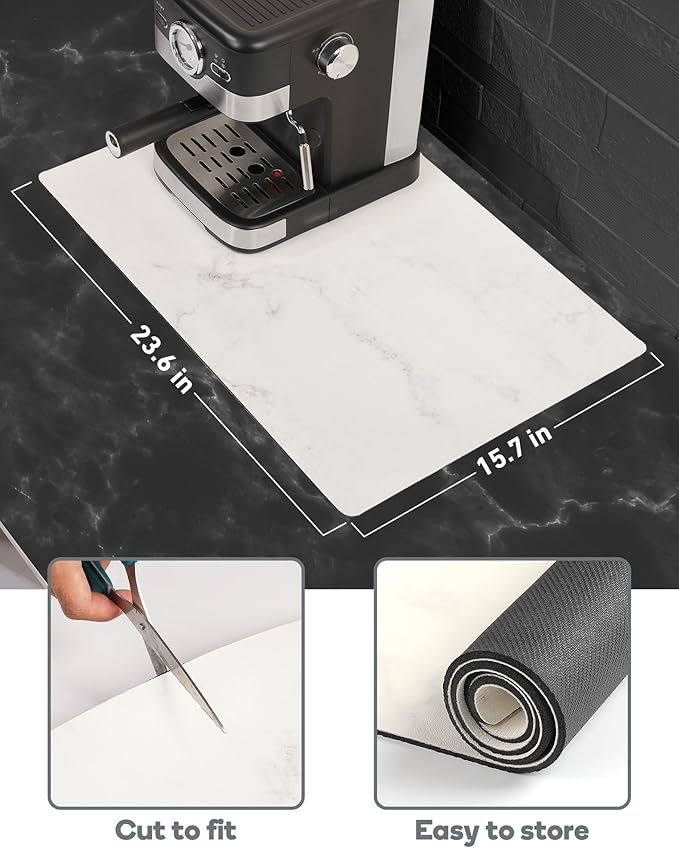 SUEH DESIGN Coffee Mat, Absorbent Dish Drying Mat 23.6 x 15.7 in Quick Dry Coffee Mat Large Drying Mats for Kitchen Counter Coffee Bar, Marble White