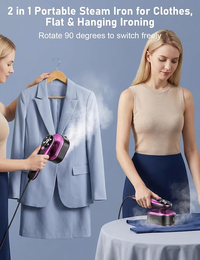 Travel Garment Steamer for Clothes with LED Display, 1200W Portable Handheld Steamer ＆ Iron 2 In 1, 10s Fast Heat Up, Large Ceramic Heat Panel, All-Fabric Quick Wrinkle Remover