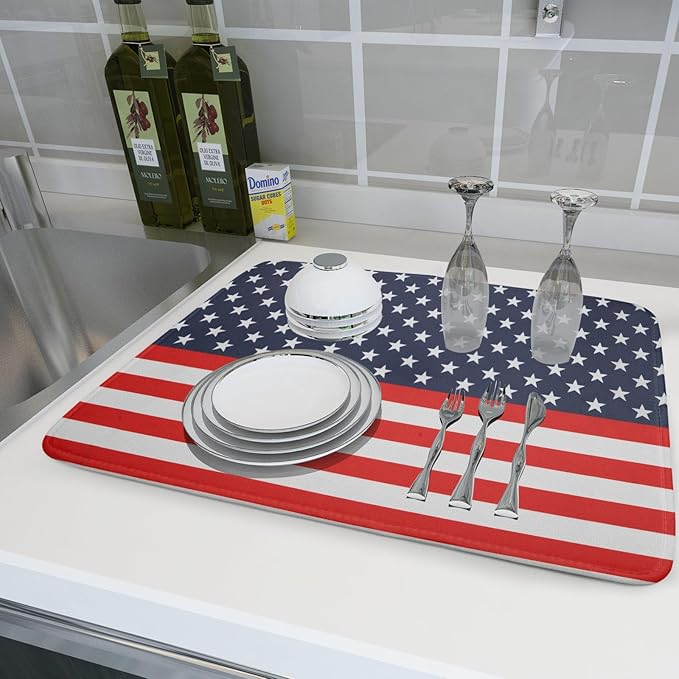 Red Blue Patriotic Star Stripes Dish Drying Mat For Kitchen Counter 4th of July Independence Day American Flag Microfiber Absorbent Drying Mats Reversible Kitchen Countertop Drainer Pad 18x24 Inch