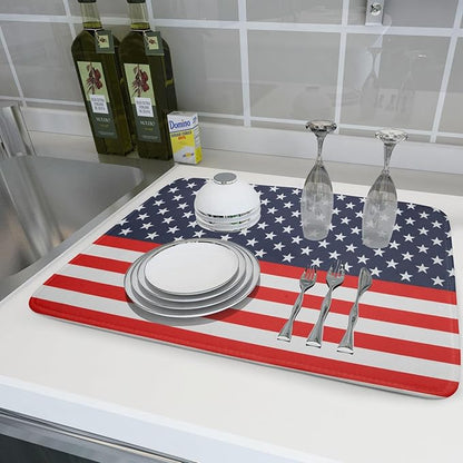 Red Blue Patriotic Star Stripes Dish Drying Mat For Kitchen Counter 4th of July Independence Day American Flag Microfiber Absorbent Drying Mats Reversible Kitchen Countertop Drainer Pad 18x24 Inch