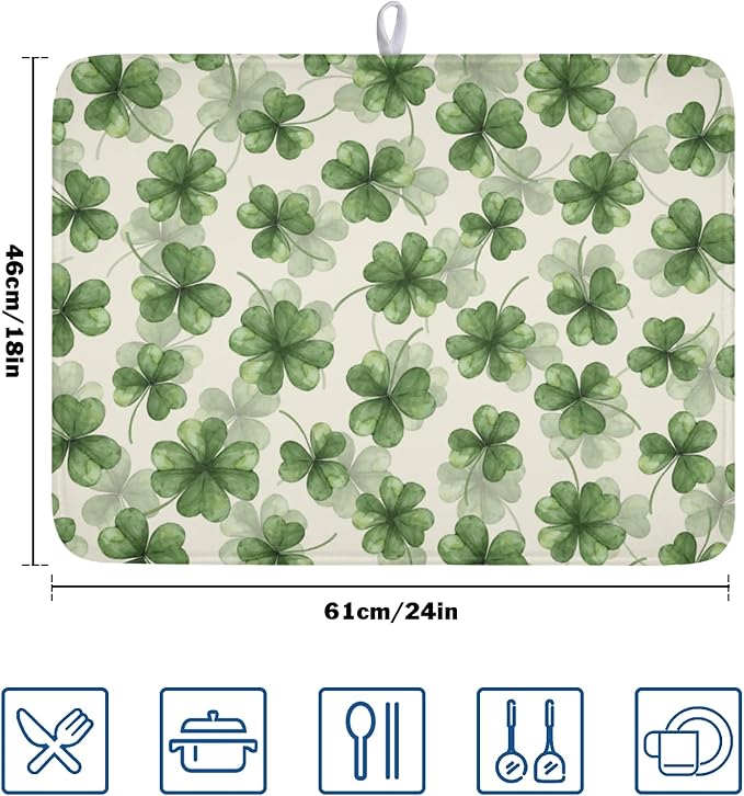 St Patrick's Day Green Clover Dish Drying Mat for Kitchen Counter Spring Holiday Watercolor Lucky Shamrock Drying Mat 18x24 Inch Absorbent Dish Drainer Mat Kitchen Accessories