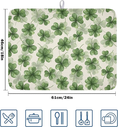 St Patrick's Day Green Clover Dish Drying Mat for Kitchen Counter Spring Holiday Watercolor Lucky Shamrock Drying Mat 18x24 Inch Absorbent Dish Drainer Mat Kitchen Accessories