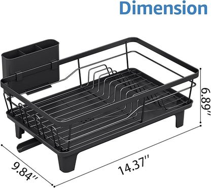 Urackify Compact Dish Drainer for Kitchen Counter - Expandable Large Capacity Drying Rack with Removable Cutlery Holder, Anti-Rust Plate Rack, Non-Slip Feet