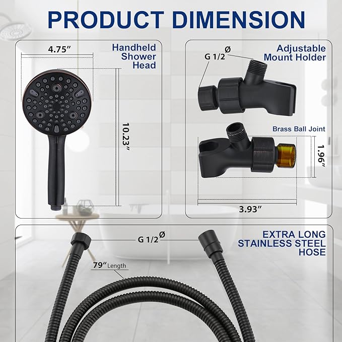 High Pressure 10 Setting Handheld Shower Head, 5" Detachable Showerhead Spray Built-in Power Wash to Clean Tub, Tile & Pets, 79" Extra Long Stainless Steel Hose, Adjustable Bracket - Oil Rubbed Bronze