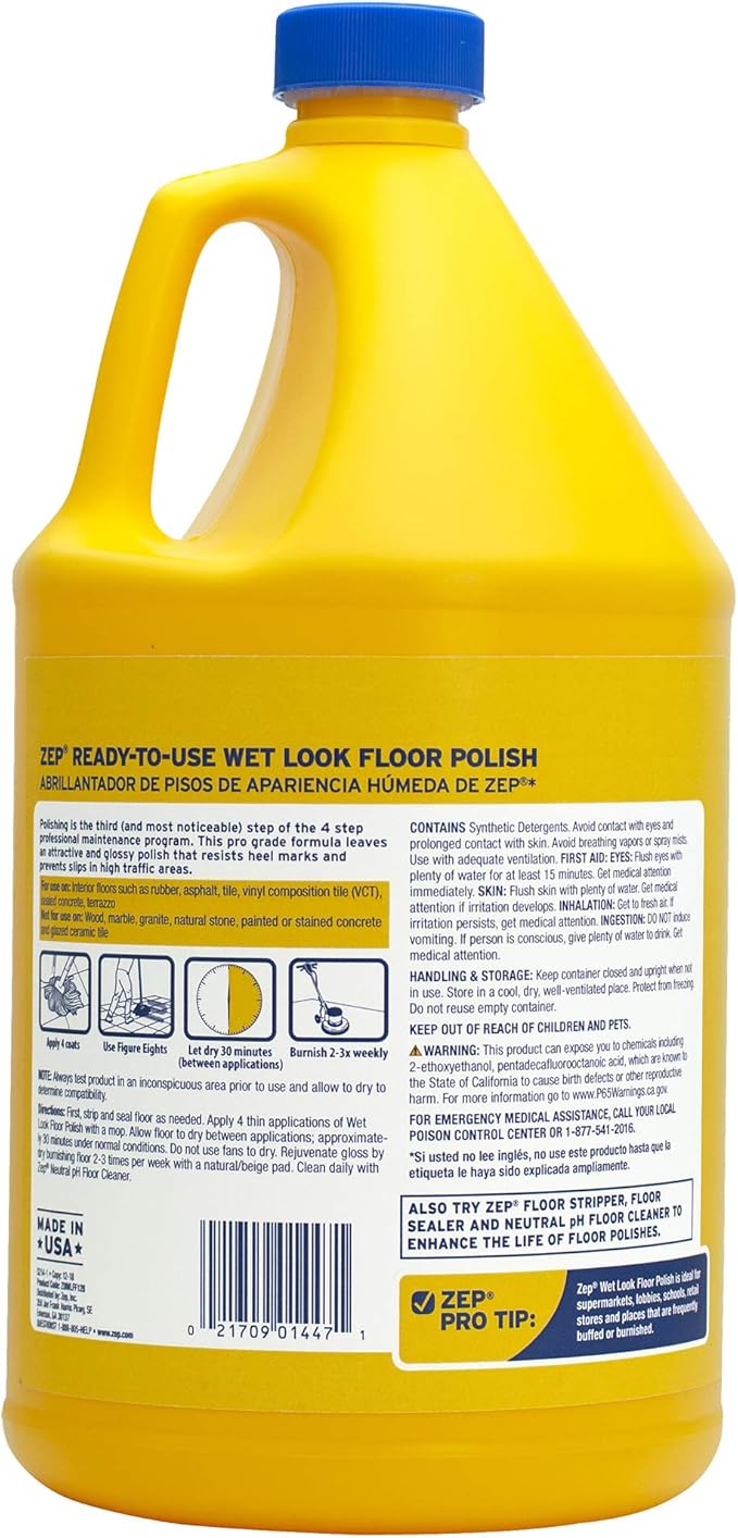 Zep Wet Look Floor Polish - 1 Gallon (Case of 2) ECZUWLFF1282 - Long Lasting Glossy Finishing Polish, Scuff & Slip Resistant, for Vinyl (VCT), Sealed Concrete, Rubber, and No-Wax Tile Floors