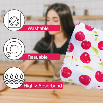 Pack of 10 Reusable Paper Towels | 10x10 Inch Cotton Towels | Kitchen Utensils Print | Eco Friendly, Washable, Quick Drying | Sustainable Cleaning Cloths | Cherries