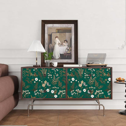 Laatse Dark Floral Wallpaper Peel and Stick 17.5in x 118in Vintage Green Gold Leaf Wallpaper Vinyl Waterproof Self-Adhesive Boho Botanical Wall Paper Mural for Cabinet Bookcase Bedroom Decor
