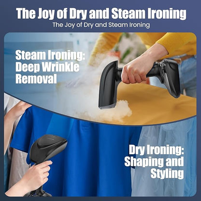 Powerful Handheld Fabric Steamer - 1800W with Fast Ceramic Heat-Up Plate, 2-in-1 Ironing & Wrinkle Remover, Steam Nozzle, Lint Brush - Black, for US 120V Only