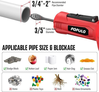 POPULO 12V Cordless Electric Drain Auger, Auto Feed Plumbing Snake Drain for Unclog Sink Drain 3/4"-2" Pipe, 16.8 FT Snake Hair Drain Clog Remover Cleaner Tools for Shower, Kitchen, Bathtub, Sink