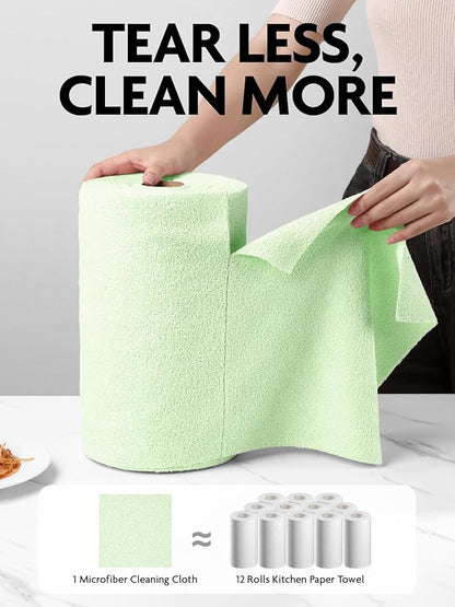 Fantasticlean Microfiber Cleaning Cloth Roll -75 Pack, Tear Away Microfiber Towels, 12" x 12", Reusable, Washable, Scratch Free, Ultra Absorbent Dishcloth for All-Around Cleaning Supplies (Green)