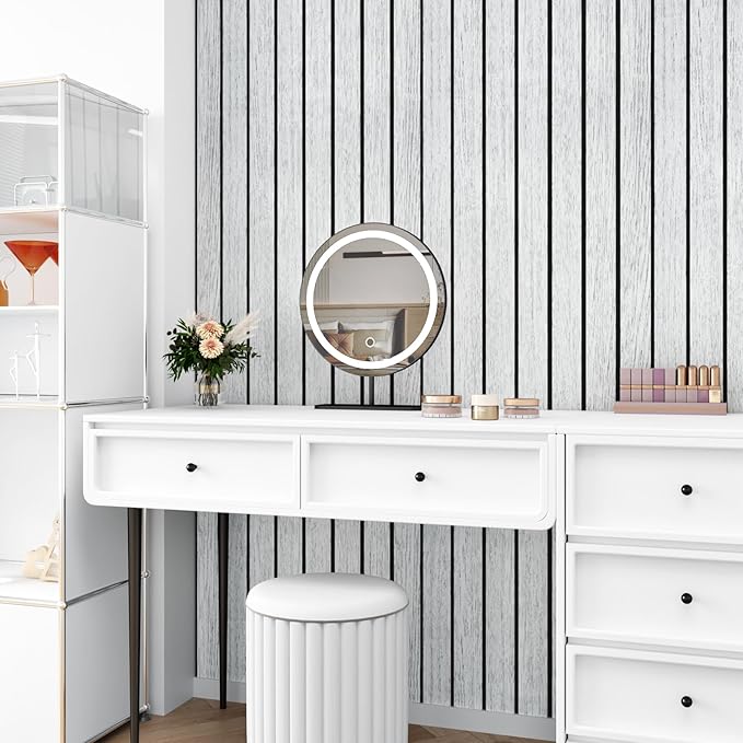 White/Grey Wood Panels for Wall Peel and Stick 3D Wood Slat Wall Panels 197"x 23.6" Self Adhesive Foam Wooden Walls Panel Removable Bcoustic Wooden Wallpaper for Bedroom Studio Bathroom