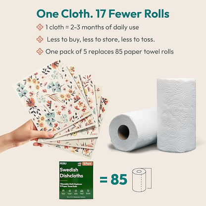 FEBU Swedish Dishcloths for Kitchen | 5 Pack Eastern Reusable Paper Towels Washable | Swedish Dish Towels | Non-Scratch Cellulose Sponge Cloths | No Odor, Biodegradable Cleaning Cloths