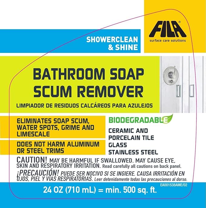 FILA Surface Care solutions, SHOWERCLEAN & SHINE FOAM, Bathroom Foam Cleaner, Removes Limescale, Soap Scum and Water Stains, Cleans and Deodorizes, Safe on Steel, Glass and Ceramic, 24 Oz