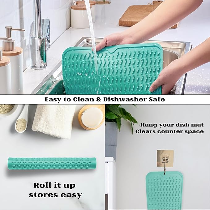 ZLR Silicone Dish Drying Mat 12" x 12" Square - Small Heat Resistant Trivet & Countertop Protector for Air Fryer, Coffee Maker - Waterproof Kitchen Drain Pad for Cups, Fruit (Mint Green)