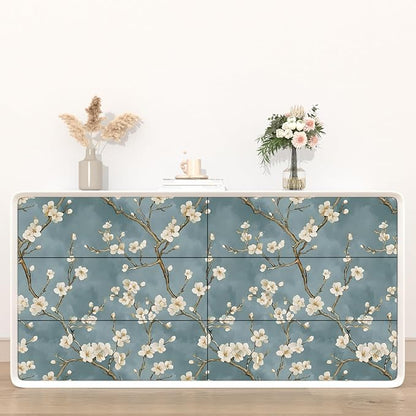 Blue Floral Wallpaper Peel and Stick Vintage White Flowers Contact Paper Vinyl Self Adhesive Removable Retro Cherry Blossom Wall Mural Wall Paper for Room Walls Shelve Cabinet Table Decor 17.5" x 118"