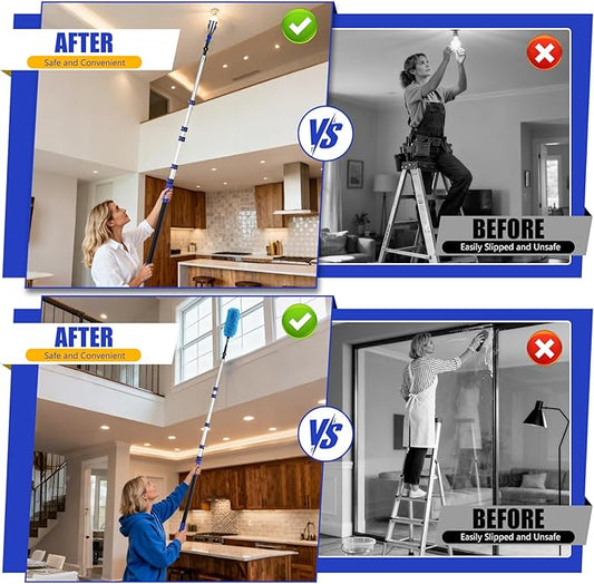 30FT Light Bulb Changer for High Ceilings with 5-24FT Heavy Duty Extension Pole,High Ceiling Fan Duster Extendable Reusable Cobweb,Feather,Window Cleaning Squeegee Kit for Home & House,Interior Roof